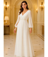 Comprar vestido longo de festa manga longa branco chiffon bordado casamento formatura elegante em promoção LADYDRESS